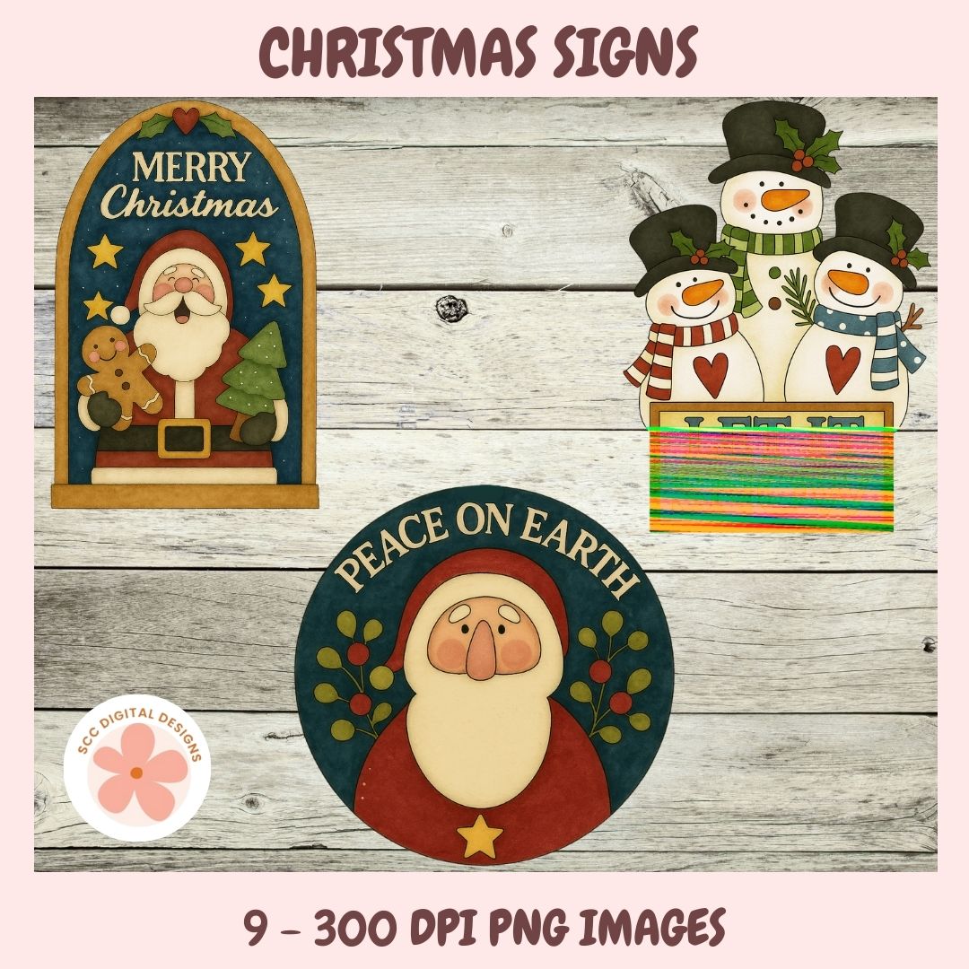Three Christmas-themed signs featuring Santa Claus, snowmen, and a snowflake design on a wooden background.