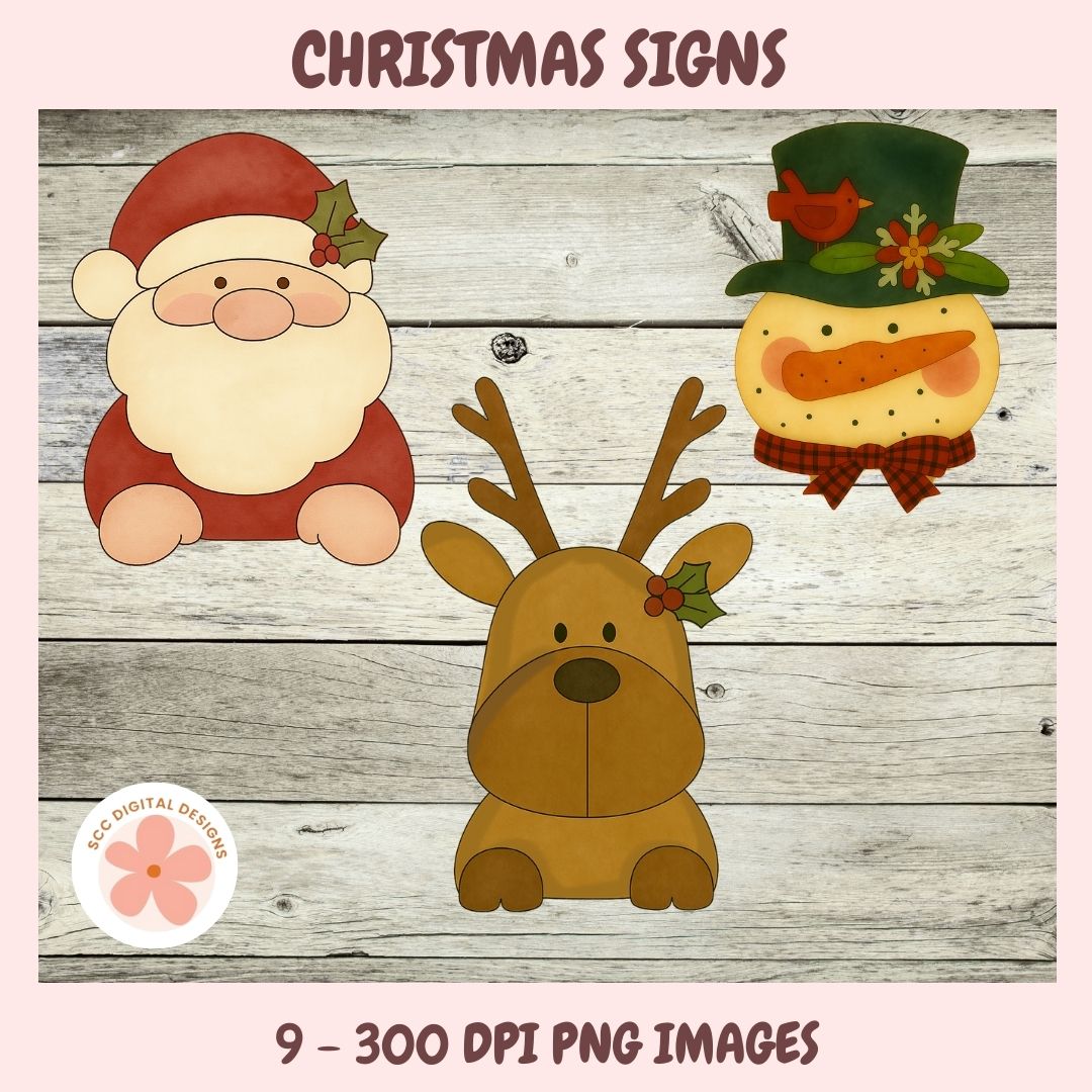 Three Christmas-themed cutouts of Santa Claus, a reindeer, and a snowman on a wooden background.