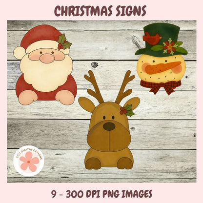 Three Christmas-themed cutouts of Santa Claus, a reindeer, and a snowman on a wooden background.