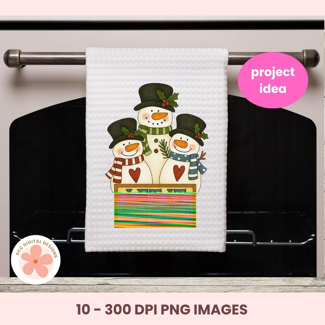 Towel with snowman design hanging on a towel rack, labeled 'project idea'.