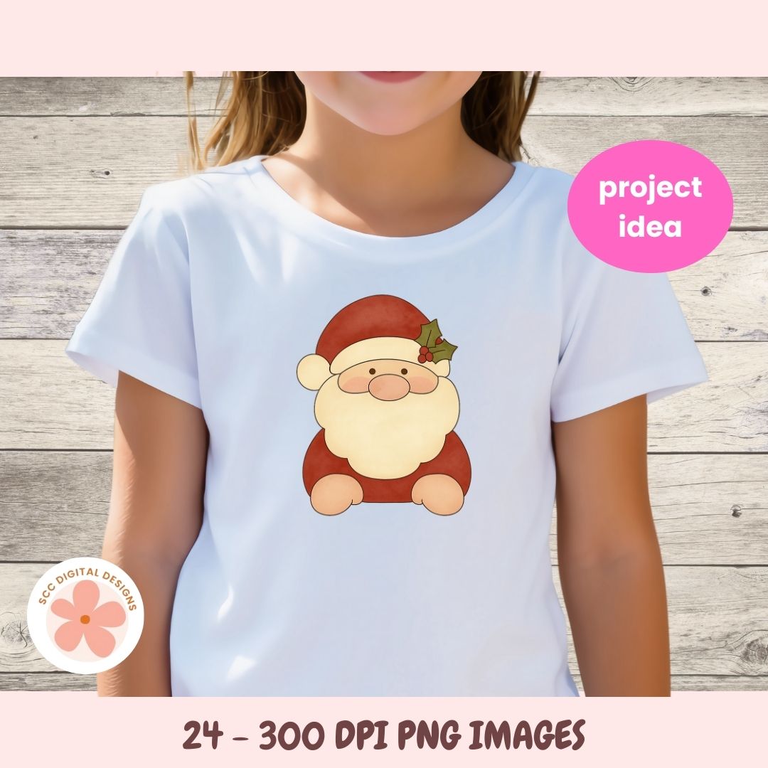White t-shirt with a cartoon Santa Claus design on a wooden background