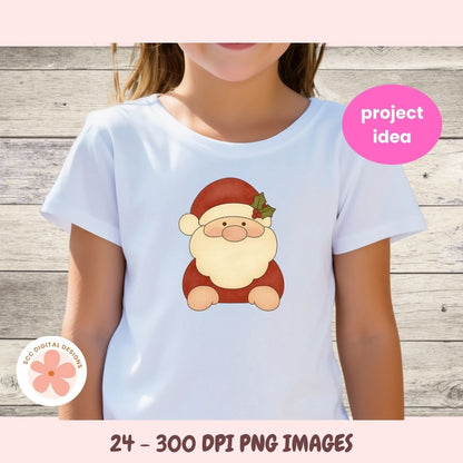 White t-shirt with a cartoon Santa Claus design on a wooden background