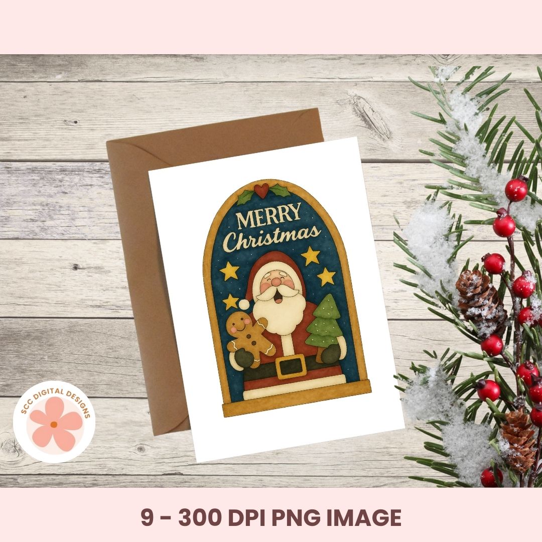 Christmas card with Santa Claus design on a wooden surface with a decorative branch.