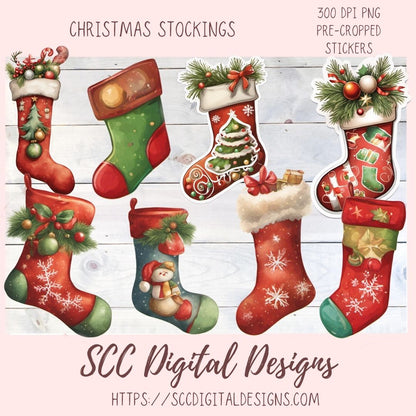 Whimsical Christmas Stockings Stickers for Digital or Paper Planners, Pre-Cropped Printable Clipart for Women, Journals and Scrapbooking