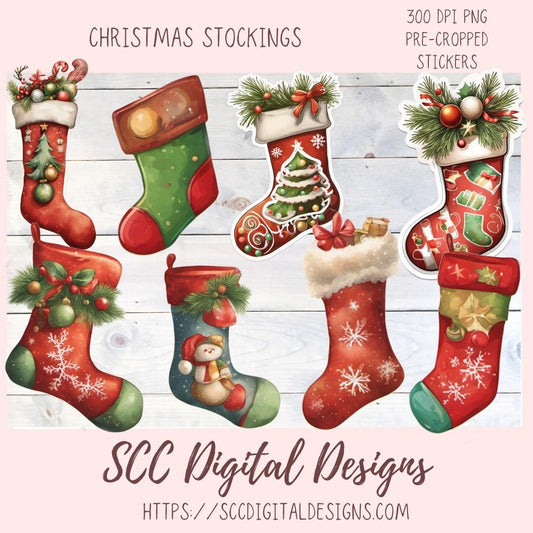 Whimsical Christmas Stockings Stickers for Digital or Paper Planners, Pre-Cropped Printable Clipart for Women, Journals and Scrapbooking