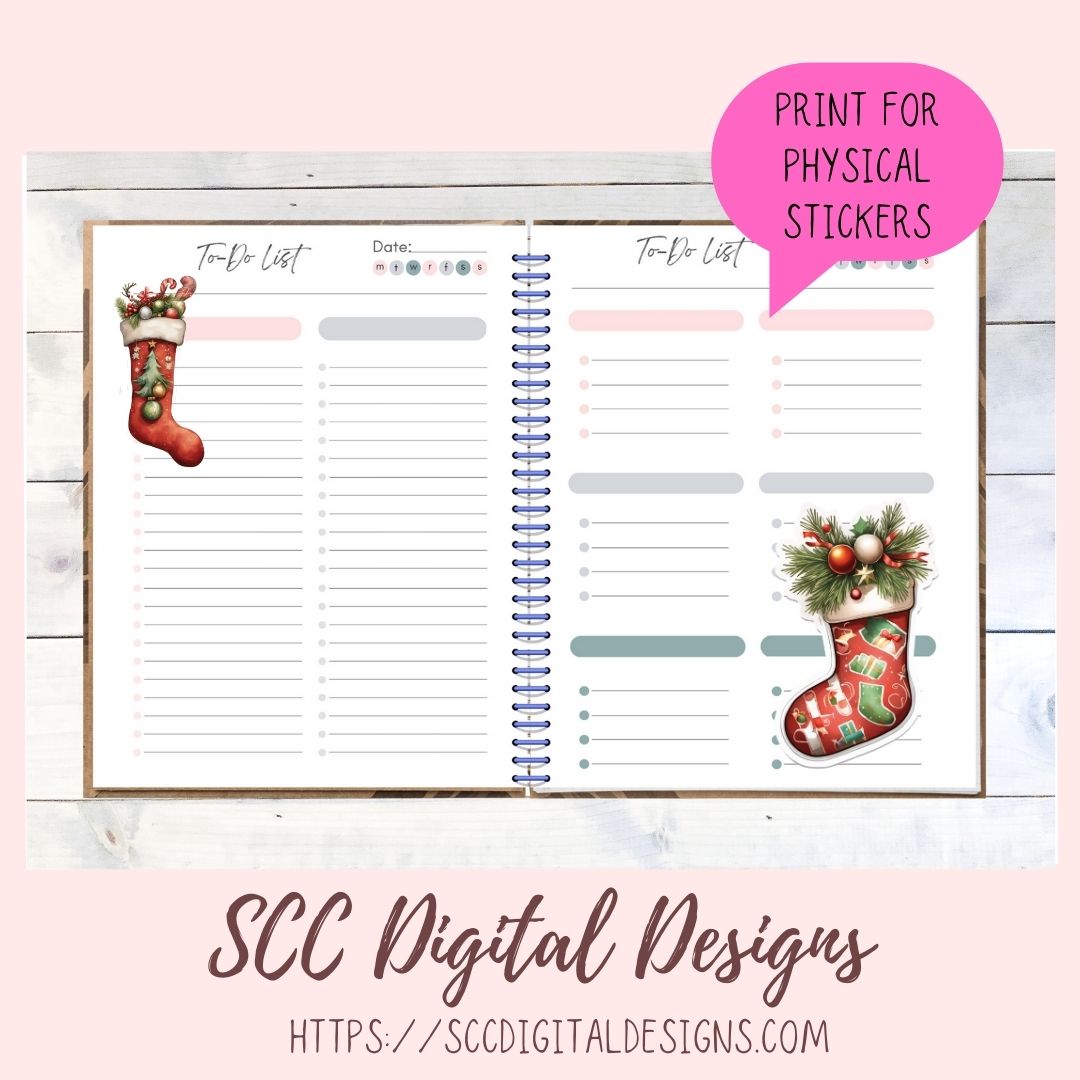 Whimsical Christmas Stockings Stickers for Digital or Paper Planners, Pre-Cropped Printable Clipart for Women, Journals and Scrapbooking