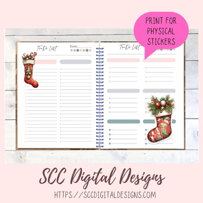 Whimsical Christmas Stockings Stickers for Digital or Paper Planners, Pre-Cropped Printable Clipart for Women, Journals and Scrapbooking