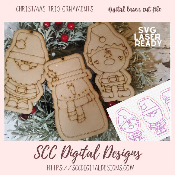 Magical Christmas Ornaments:  Exclusive Santa, Snowman & Elf Ornaments SVG Laser Designs for Glowforge & Laser Cutters, Instant Download Digital Woodworking Pattern