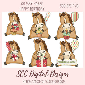 Cute Horse Clipart for Sublimation, Birthday PNG for Girls, Balloons Cupcakes, Farm Animal Clip Art, DIY Party Invitations and Tags for Kids