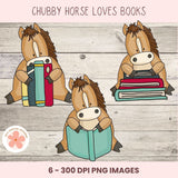 Cartoon horses reading books with 'Chubby Horse Loves Books' text on a wooden background.