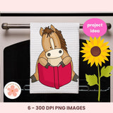 Towel with cartoon horse reading a book on a towel rack, sunflower graphic, and 'project idea' text.