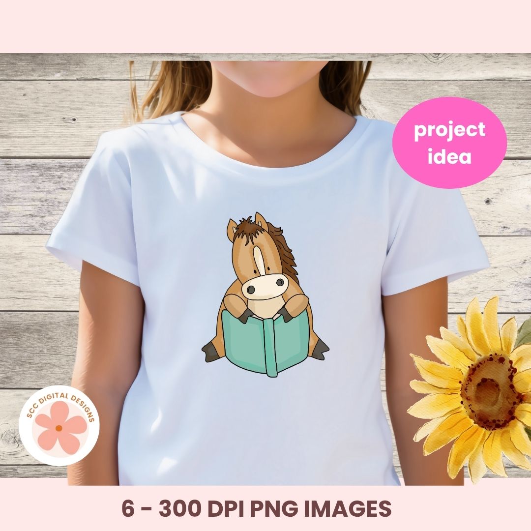 Person wearing a white t-shirt with a cartoon horse design, sunflower on the side, and text about image resolution.