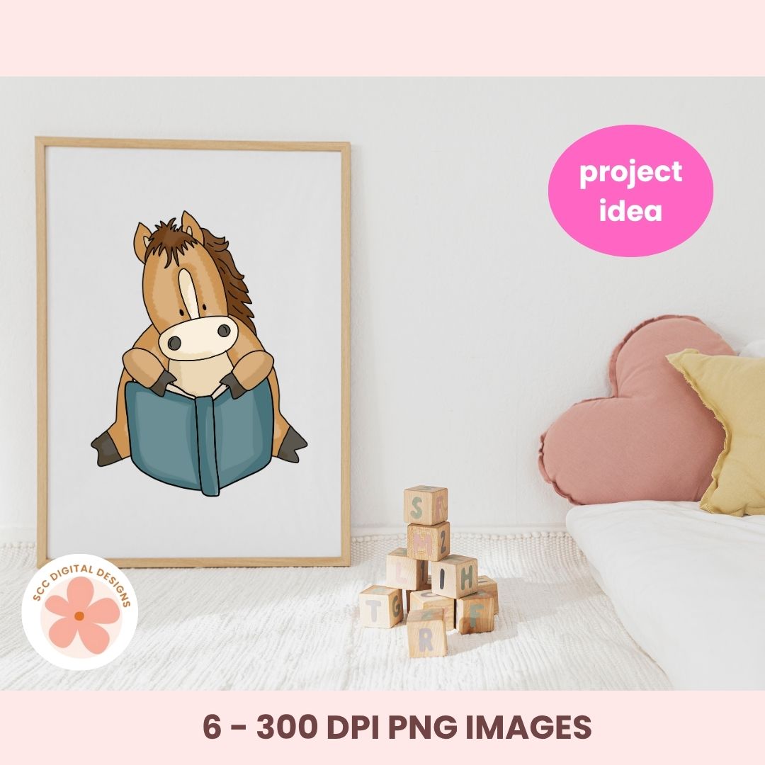 Framed illustration of a horse reading a book in a child's room with blocks and pillows.