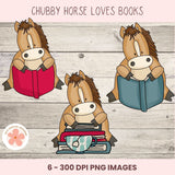 Three cartoon horses reading books on a wooden background with 'Chubby Horse Loves Books' text.