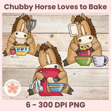 Cartoon horses baking with kitchen utensils on a wooden background, featuring the text 'Chubby Horse Loves to Bake'.