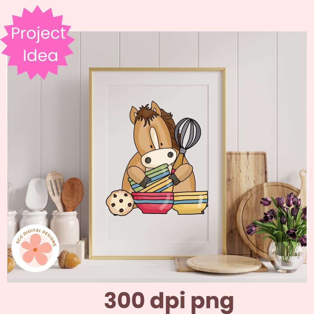 Framed illustration of a horse with a rainbow-colored scarf on a kitchen counter.