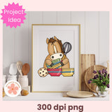 Framed illustration of a horse with a rainbow-colored scarf on a kitchen counter.