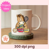 Mug with cartoon horse design holding a whisk and bowl on a wooden surface.