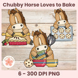 Cartoon horses baking with text 'Chubby Horse Loves to Bake' on a wooden background.