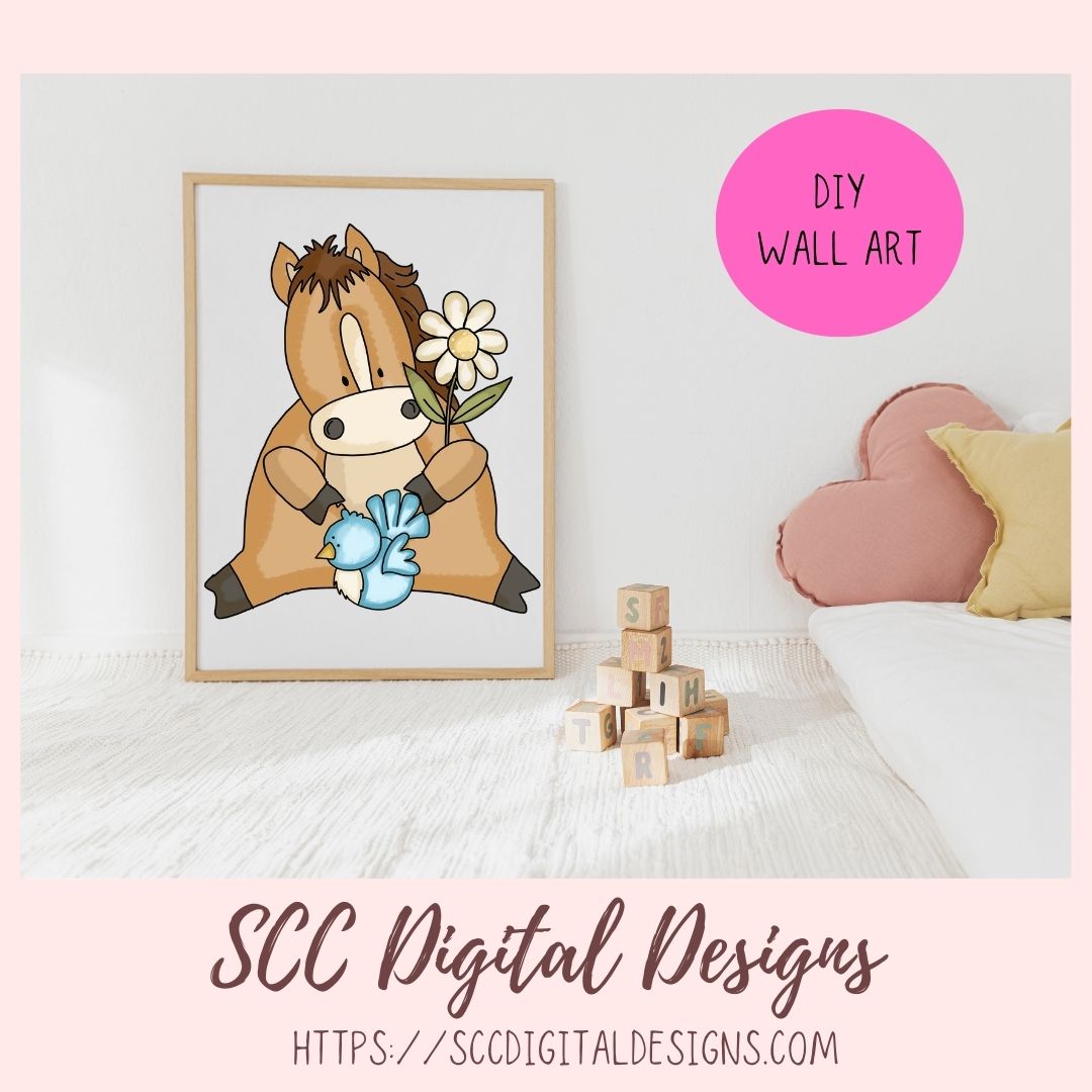 Horse PNG, Spring Flowers, Blue Bird, Frog, Butterfly, Bumble Bees Clip Art, Elements for Scrapbooking, Paper Crafting Clipart, Kid's Printable Wall Art for Girls Room Animal Lover Gift