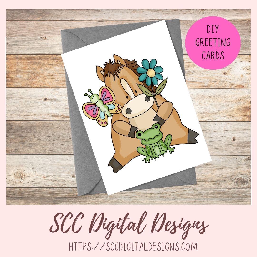 Horse PNG, Spring Flowers, Blue Bird, Frog, Butterfly, Bumble Bees Clip Art, Elements for Scrapbooking, Paper Crafting Clipart, Kid's Printable Wall Art for Girls Room Animal Lover Gift