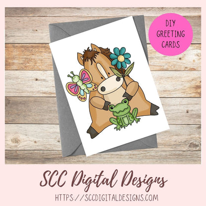 Horse PNG, Spring Flowers, Blue Bird, Frog, Butterfly, Bumble Bees Clip Art, Elements for Scrapbooking, Paper Crafting Clipart, Kid's Printable Wall Art for Girls Room Animal Lover Gift