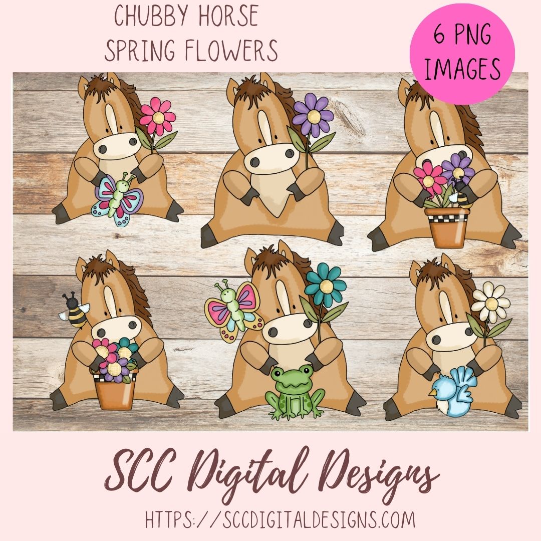 Horse PNG, Spring Flowers, Blue Bird, Frog, Butterfly, Bumble Bees Clip Art, Elements for Scrapbooking, Paper Crafting Clipart, Kid's Printable Wall Art for Girls Room Animal Lover Gift