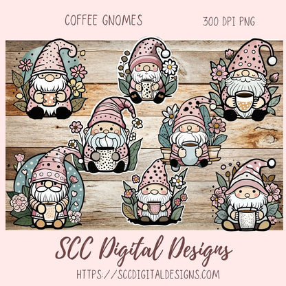 Cute Boho Coffee Gnome Stickers PNGs for Digital and Printable Planners, Bullet Journals, Scrapbooking, Laptops, Hippy Gnomes Gift for Women
