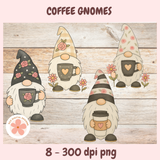 Coffee Gnome PNG Clipart – Cute Whimsical Latte Gnomes, Printable Coffee Lover Stickers for Shirts, Mugs