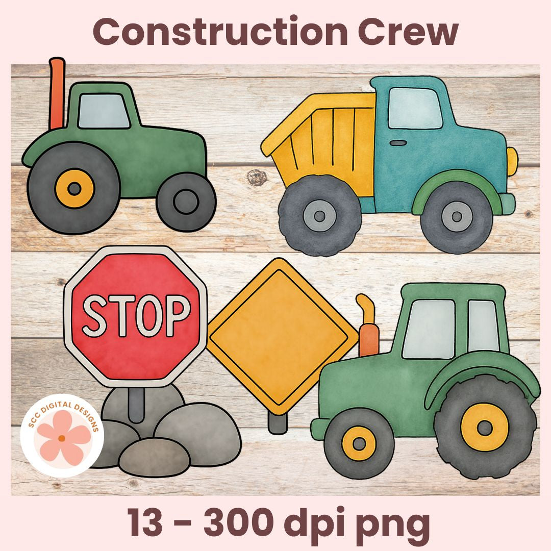Illustrations of a green tractor, blue dump truck, stop sign, and construction sign on a wooden background with 'Construction Crew' text.