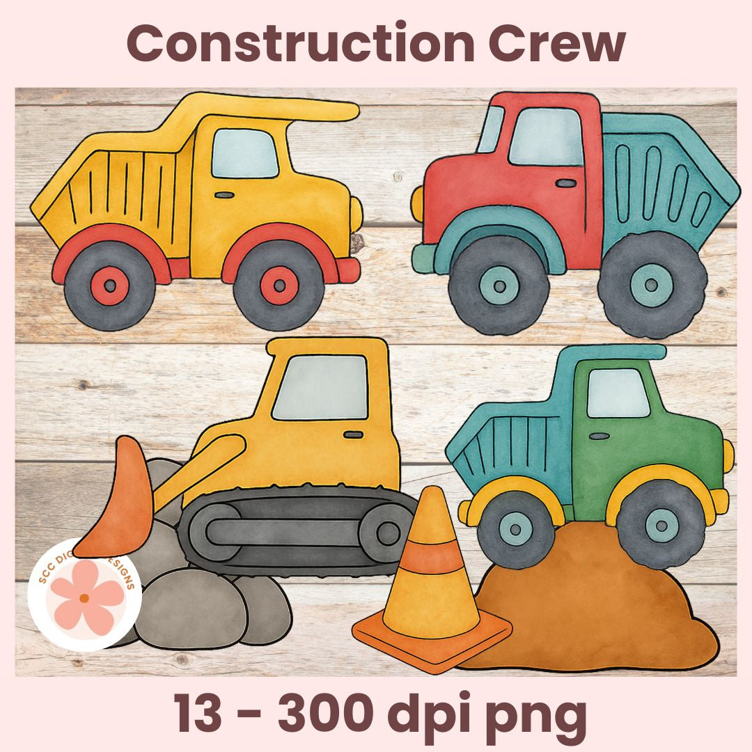 Colorful construction vehicles including trucks and a bulldozer on a wooden background with 'Construction Crew' text.