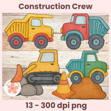 Colorful construction vehicles including trucks and a bulldozer on a wooden background with 'Construction Crew' text.