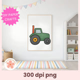 Framed illustration of a green toy truck in a child's room with colorful flags and rug.