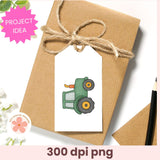 Gift box with a tractor-themed tag on a white background