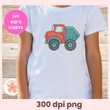 White t-shirt with a colorful truck design on a wooden surface, labeled 'DIY Kids' Shirts'.