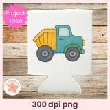 Colorful dump truck design on a white background with 'Project Idea' text and '300 dpi png' text.
