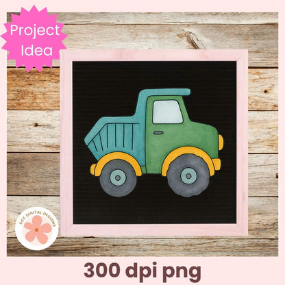 Colorful toy truck on a black background with a pink border, on a wooden surface.