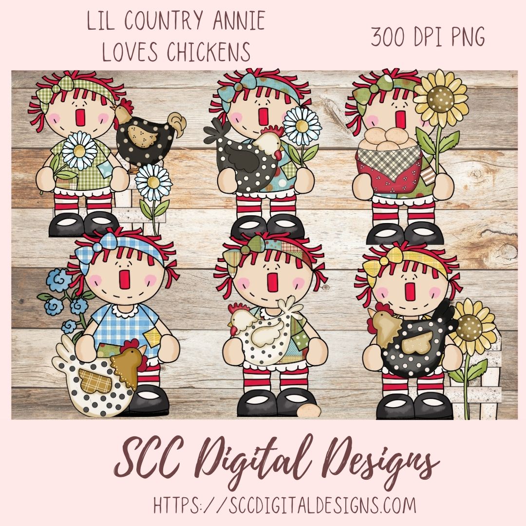 Annie Clipart for Stickers for Kids, Chicken PNG for Sublimaton for T-Shirts, Farm Animal Digital Art for Tumblers, Instant Download Primitive Doll Clip Art 