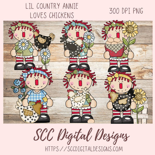 Annie Clipart for Stickers for Kids, Chicken PNG for Sublimaton for T-Shirts, Farm Animal Digital Art for Tumblers, Instant Download Primitive Doll Clip Art 