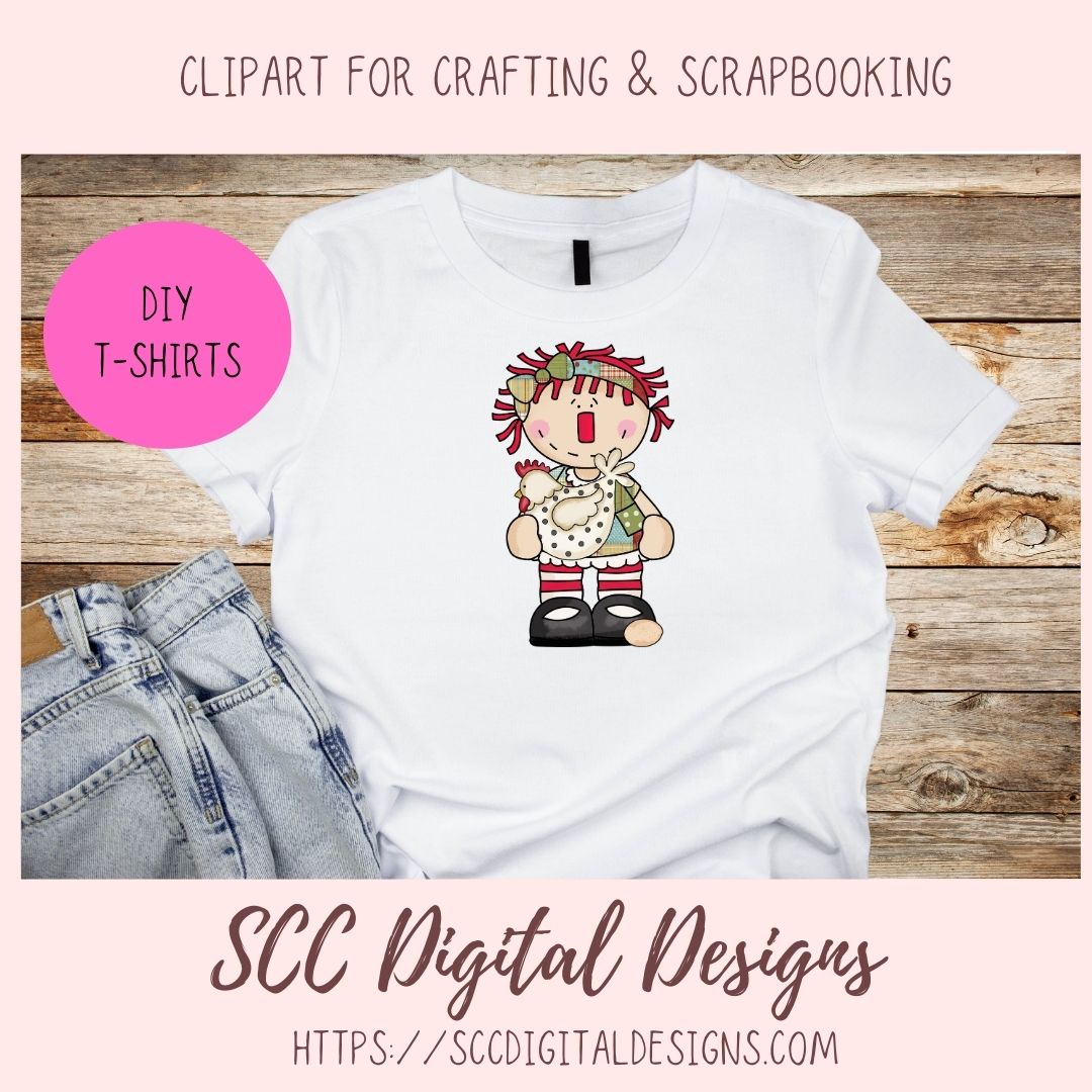 Annie Clipart for Stickers for Kids, Chicken PNG for Sublimaton for T-Shirts, Farm Animal Digital Art for Tumblers, Instant Download Primitive Doll Clip Art 
