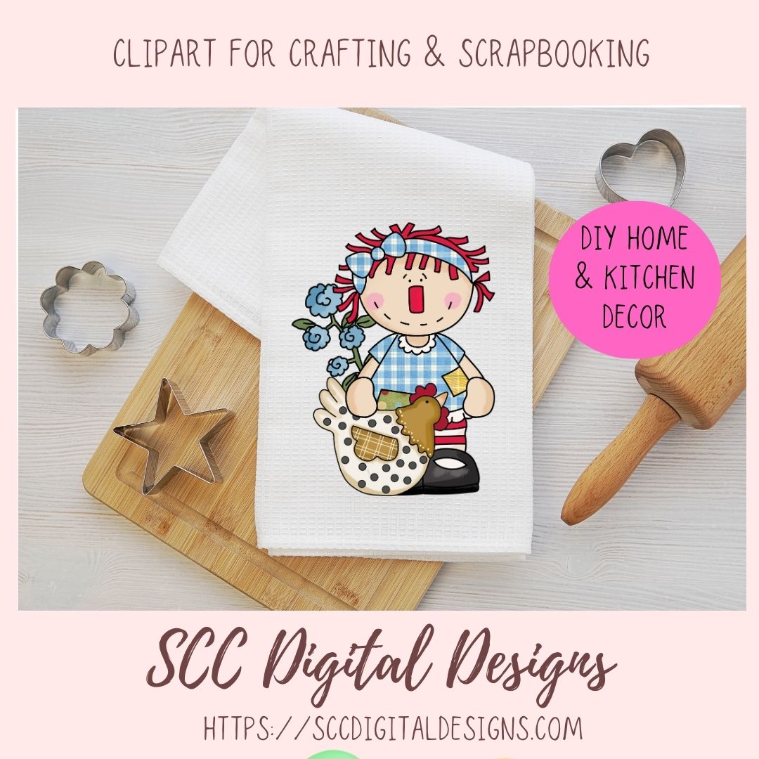 Annie Clipart for Stickers for Kids, Chicken PNG for Sublimaton for T-Shirts, Farm Animal Digital Art for Tumblers, Instant Download Primitive Doll Clip Art 