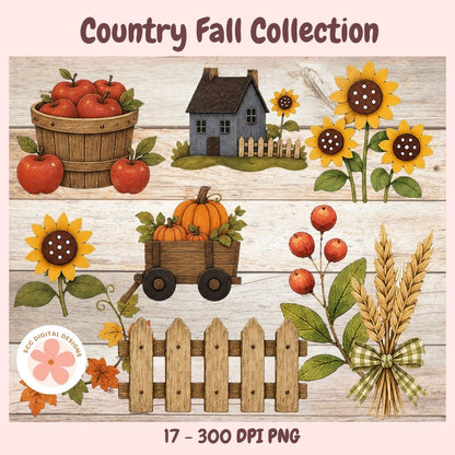 A digital clipart collection titled 'Country Fall Collection' featuring autumn-themed illustrations including sunflowers, red apples, a small house, pumpkins in a wagon, wheat, a fence, and fall leaves on a whitewashed wood background.