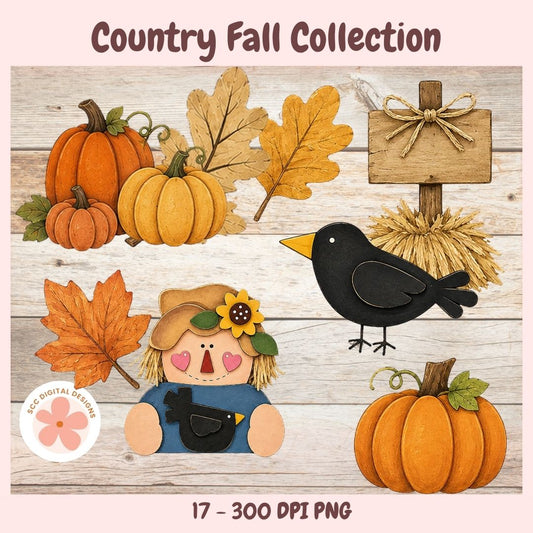 A digital autumn clipart set titled 'Country Fall Collection' on a light wood background, featuring orange pumpkins, yellow and orange leaves, a black bird, a straw bale, a scarecrow, and a blank sign. Text at the bottom reads '17 - 300 DPI PNG'.