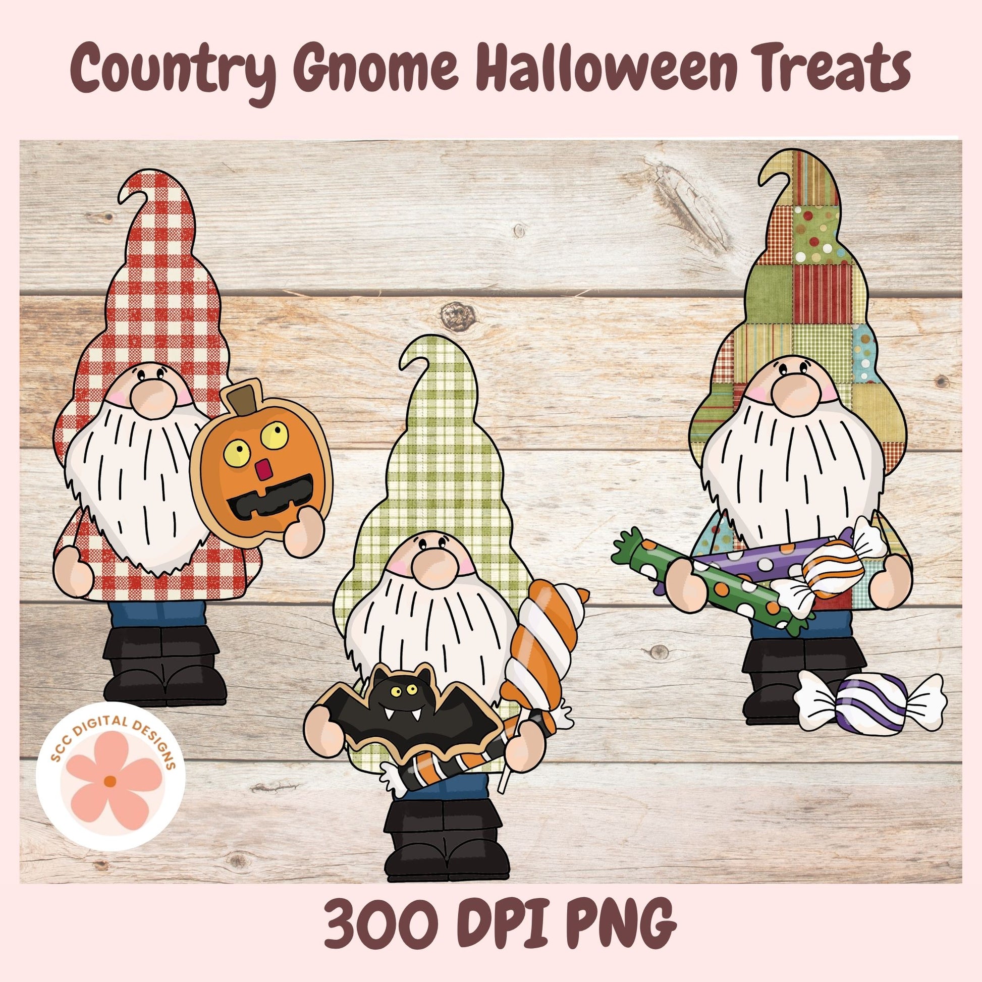 Three cartoon country gnome Halloween treats on a light wood plank background with the text 'Country Gnome Treats' at the top and '300 DPI PNG' at the bottom. A circular 'ECG Digital Designs' logo appears in the lower left.