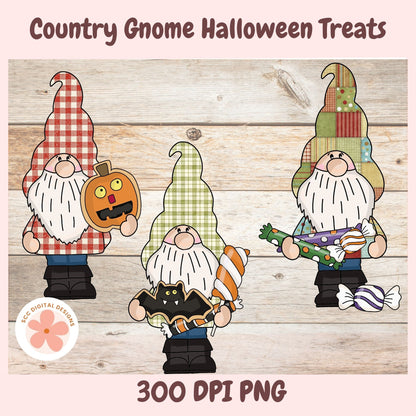 Three cartoon country gnome Halloween treats on a light wood plank background with the text 'Country Gnome Treats' at the top and '300 DPI PNG' at the bottom. A circular 'ECG Digital Designs' logo appears in the lower left.