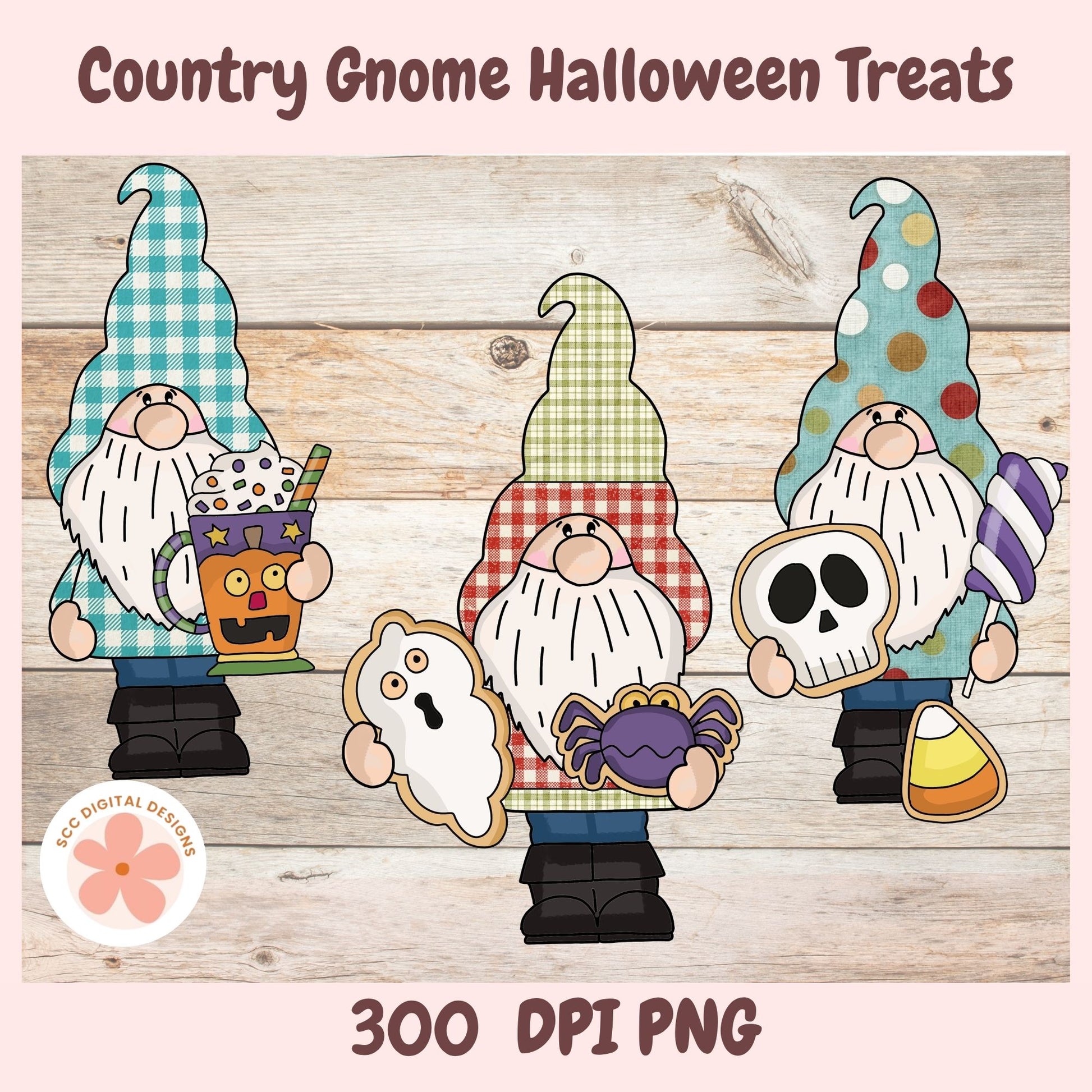Digital clipart preview of three country-style gnome characters holding Halloween treats, with the text 'Country Gnome Halloween Treats' at the top and '300 DPI PNG' at the bottom on a light wood background.