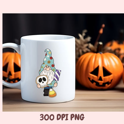 A white ceramic mug with a colorful cartoon gnome holding a skull and candy corn, set on a wooden surface with blurred jack-o'-lantern pumpkins in the background. Text at the bottom reads '300 DPI PNG'.