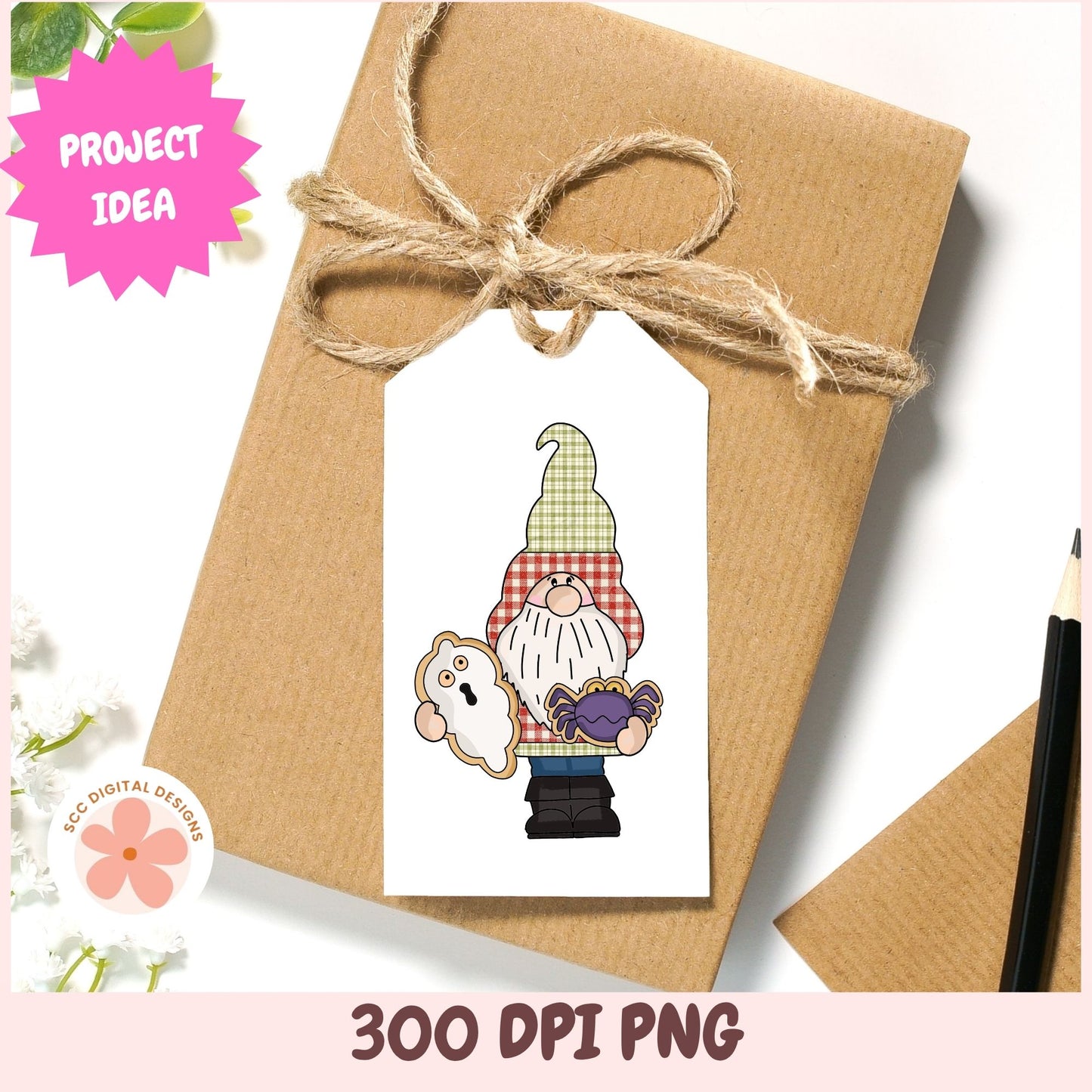 A kraft paper gift box tied with twine and a white gift tag featuring a gnome illustration, shown on a white background with decorative graphics and text reading 'PROJECT IDEA' and '300 DPI PNG'.