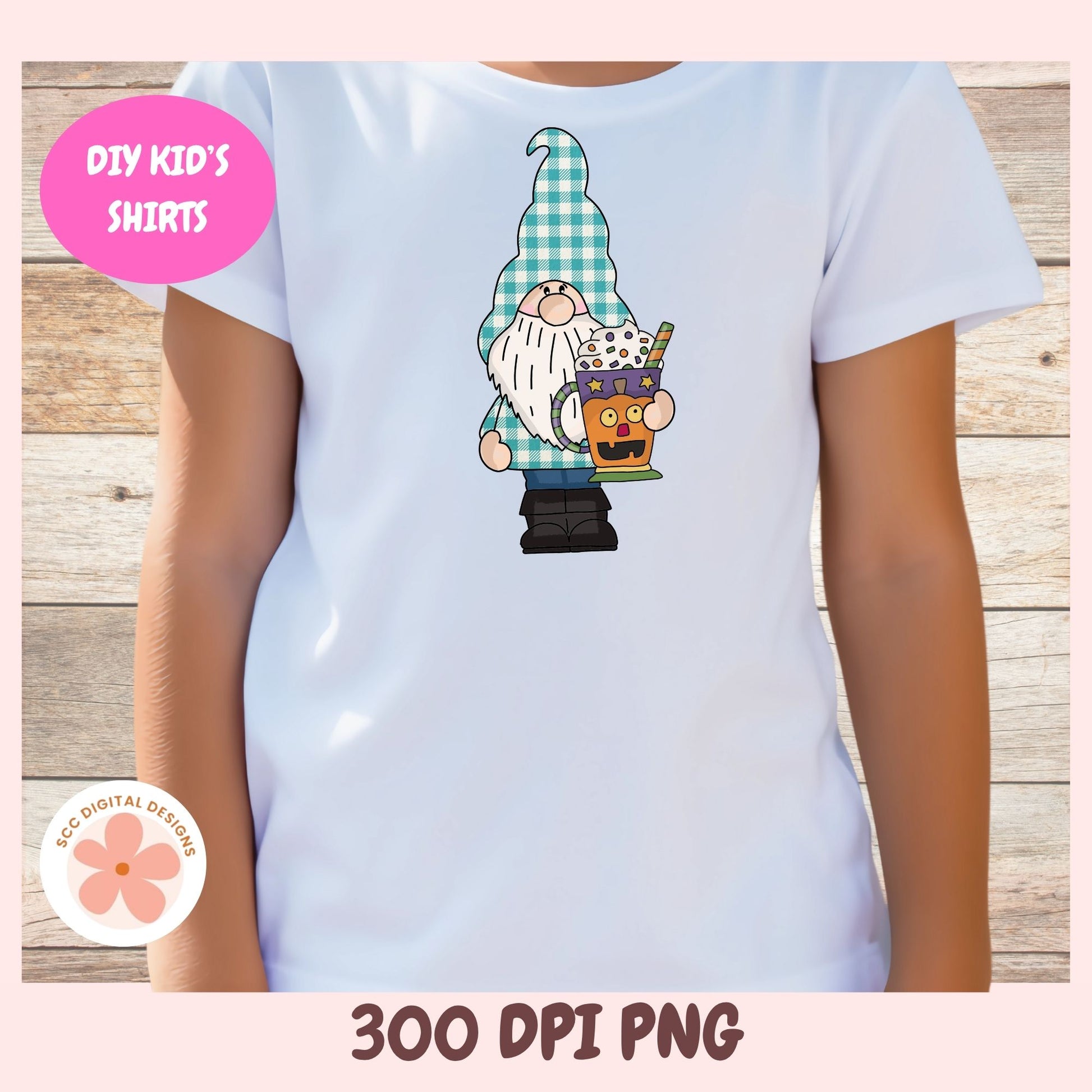A child wearing a white short-sleeve T-shirt with a cartoon gnome graphic on the chest. The gnome has a blue-and-white checkered hat, a white beard, and holds a jack-o'-lantern cup.