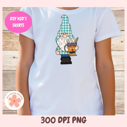 A child wearing a white short-sleeve T-shirt with a cartoon gnome graphic on the chest. The gnome has a blue-and-white checkered hat, a white beard, and holds a jack-o'-lantern cup.